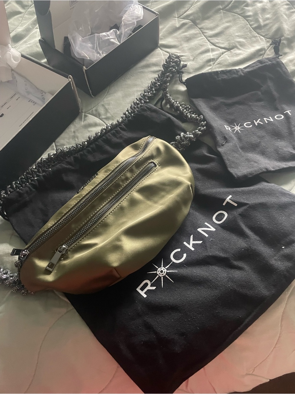 Rocknot Max Olive Green Crossbody Bum Bag with Rhinestone EncrustedStrap - Picture 8 of 9